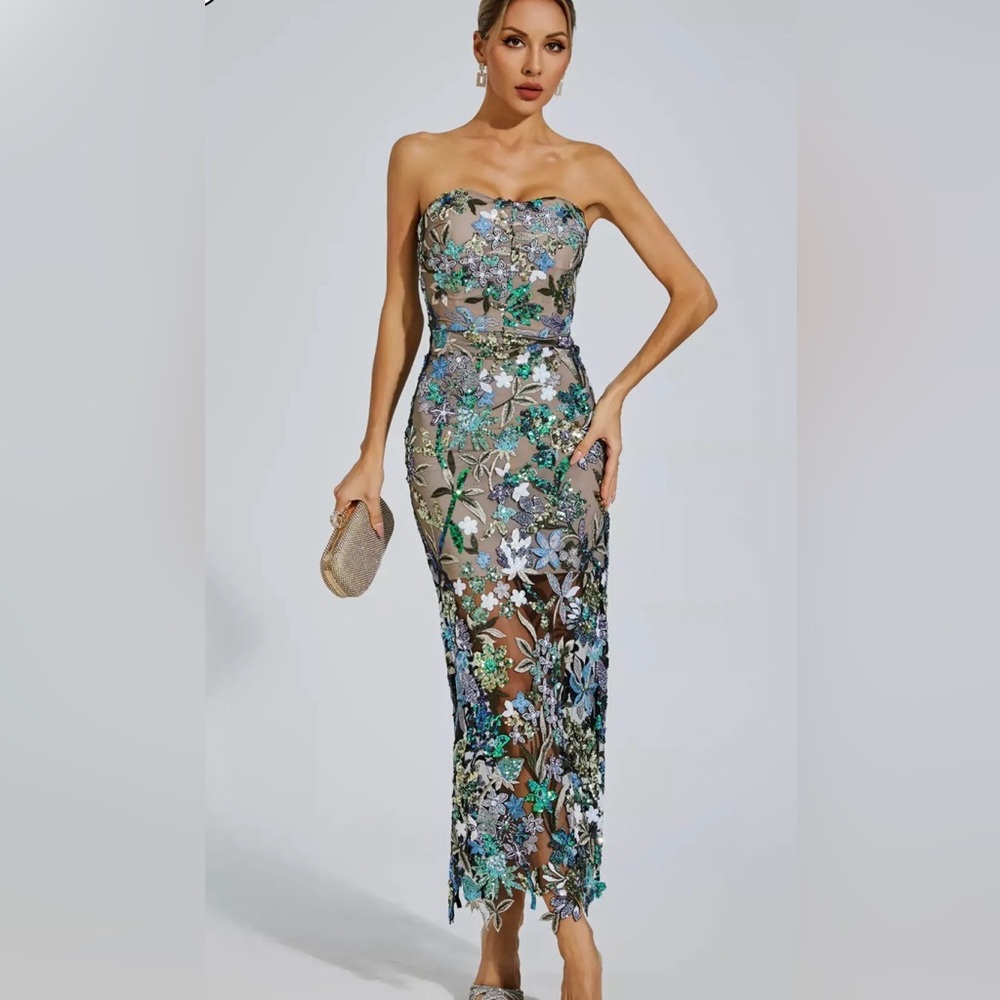 Floral Embroidered Evening Dress